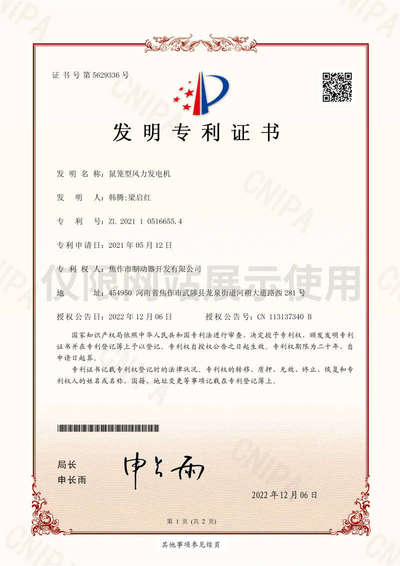 鼠笼型风力发电机发明专利证书