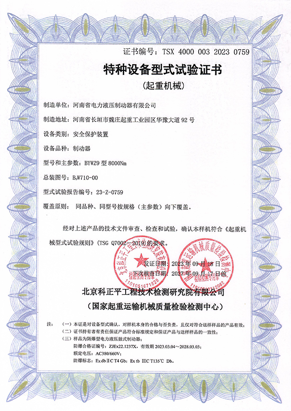 特种设备型式试验证书(起重机械)